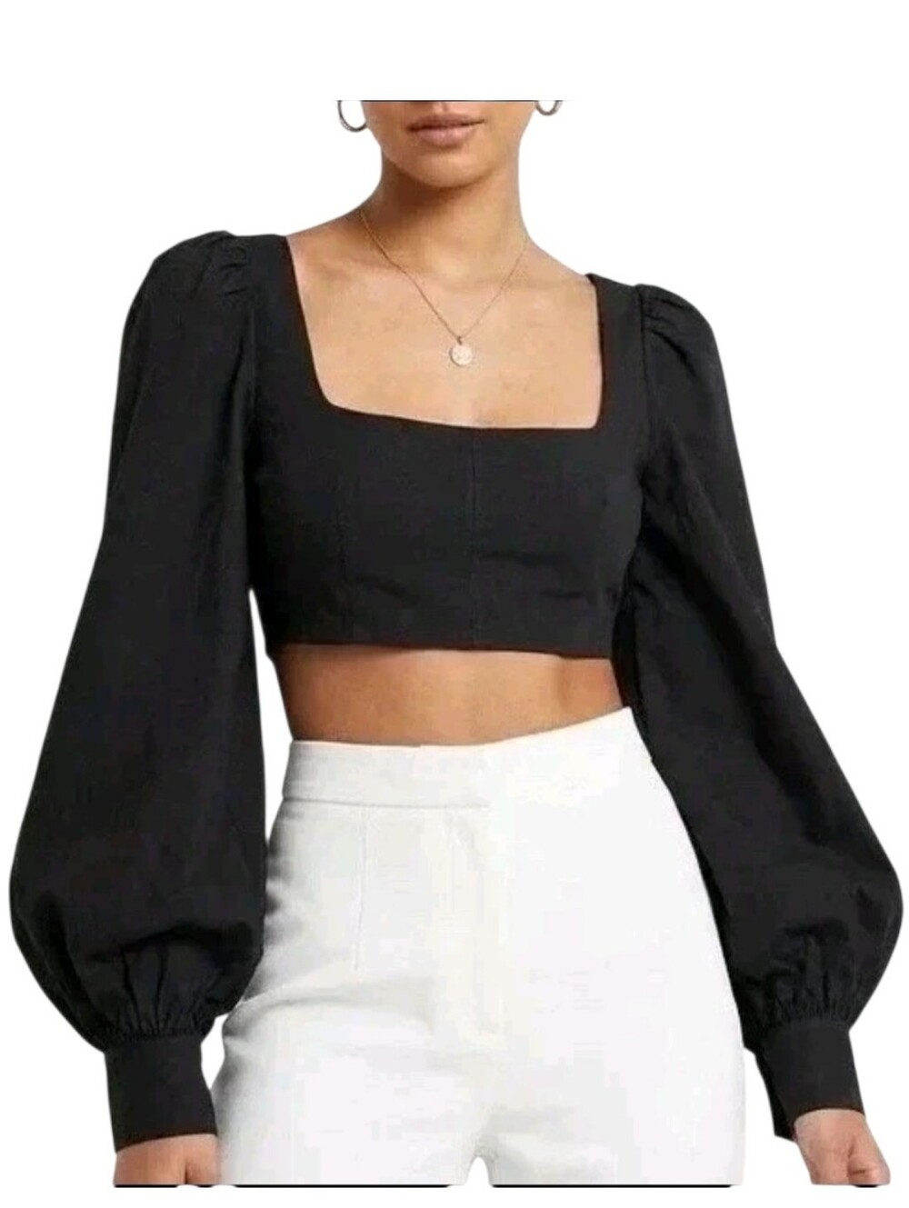 Naked Wardrobe The Statement Black Puff Sleeve Crop Top S Gothic Romance Party
